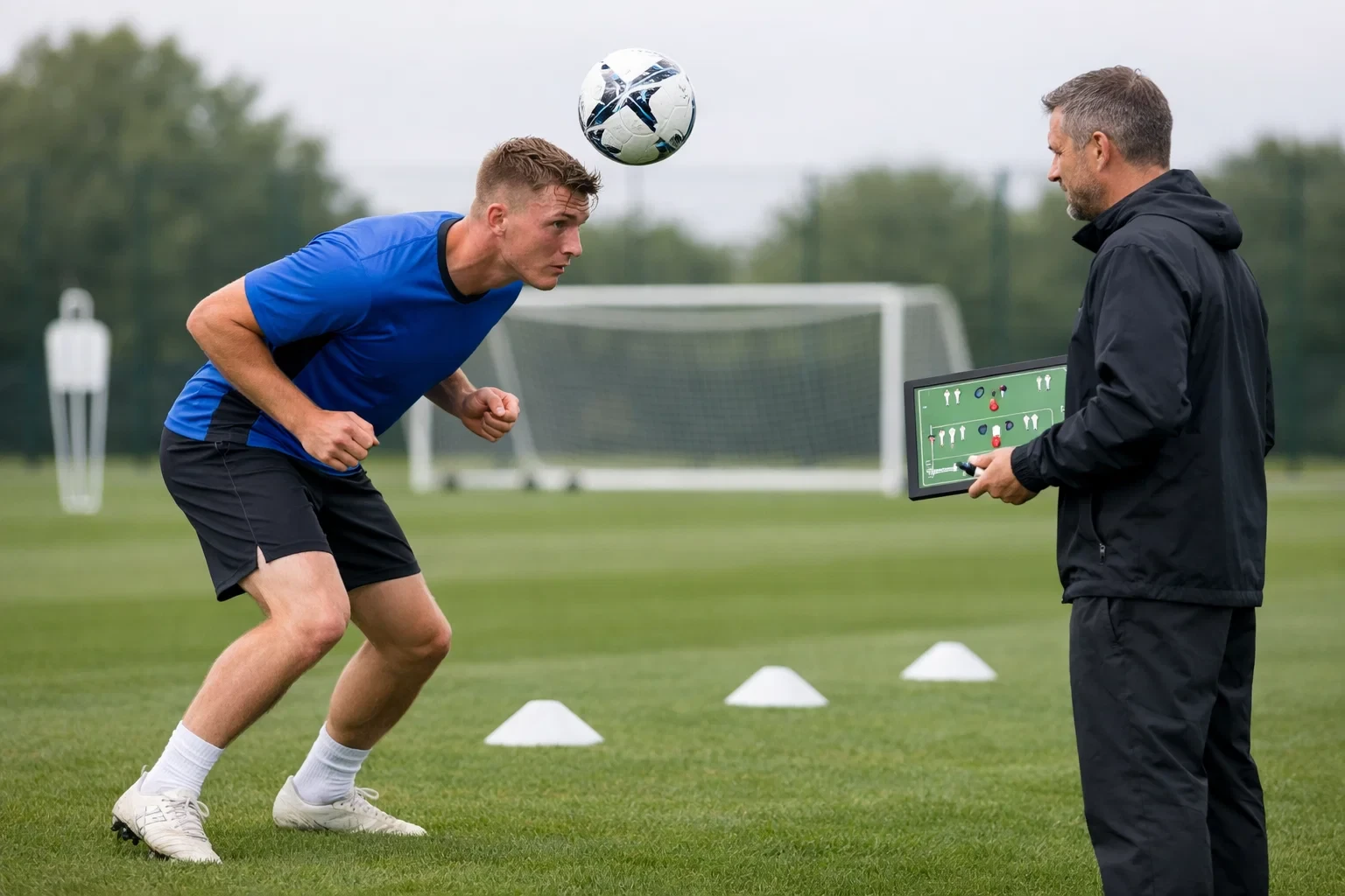 Young footballer training on a practice pitch with coaching staff observing