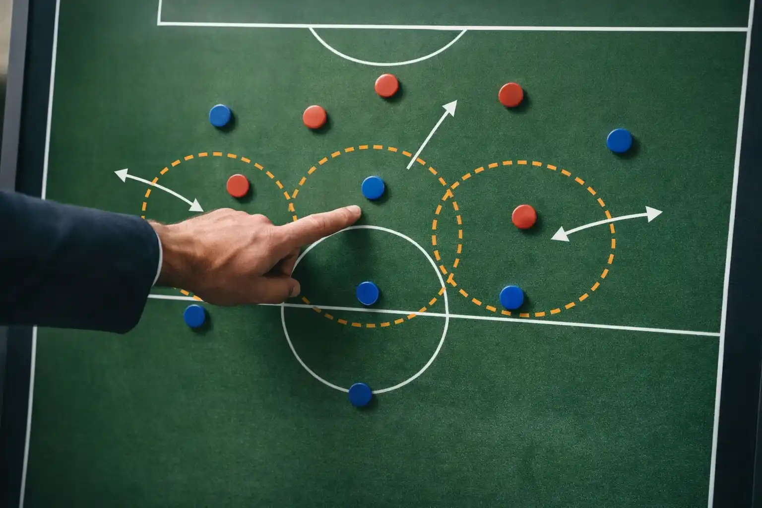 Football tactics board showing midfield defensive positioning and interception zones